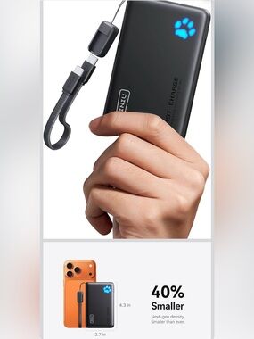 INIU 10000mAh Power Bank, Fast Charging Portable Charger with Detachable Cable